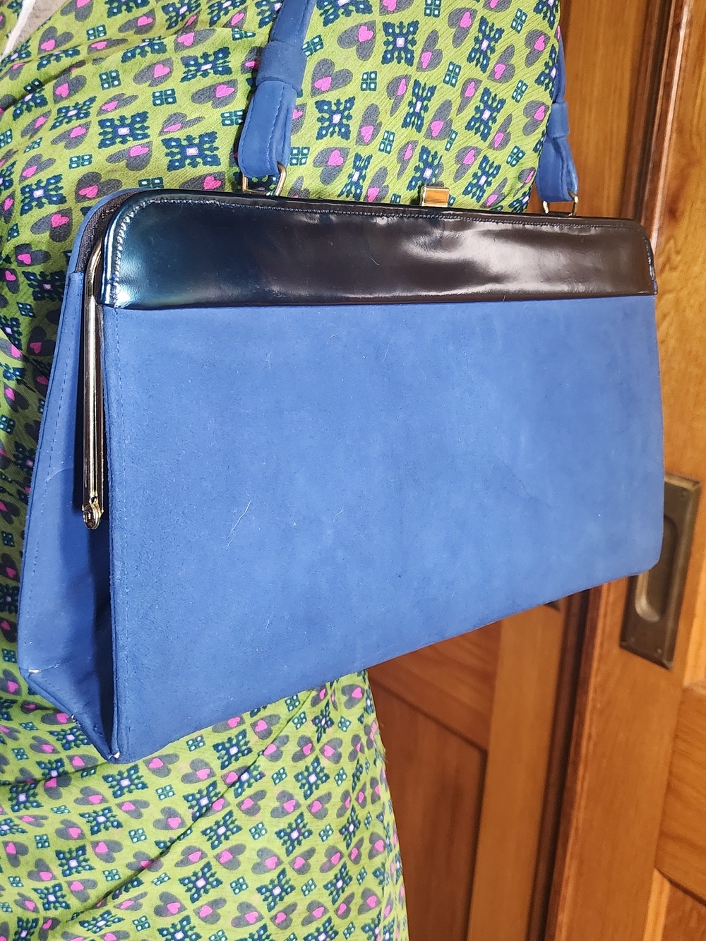 Vintage Blue Suede Clutch with Patent Leather Trim - Picture 2 of 5